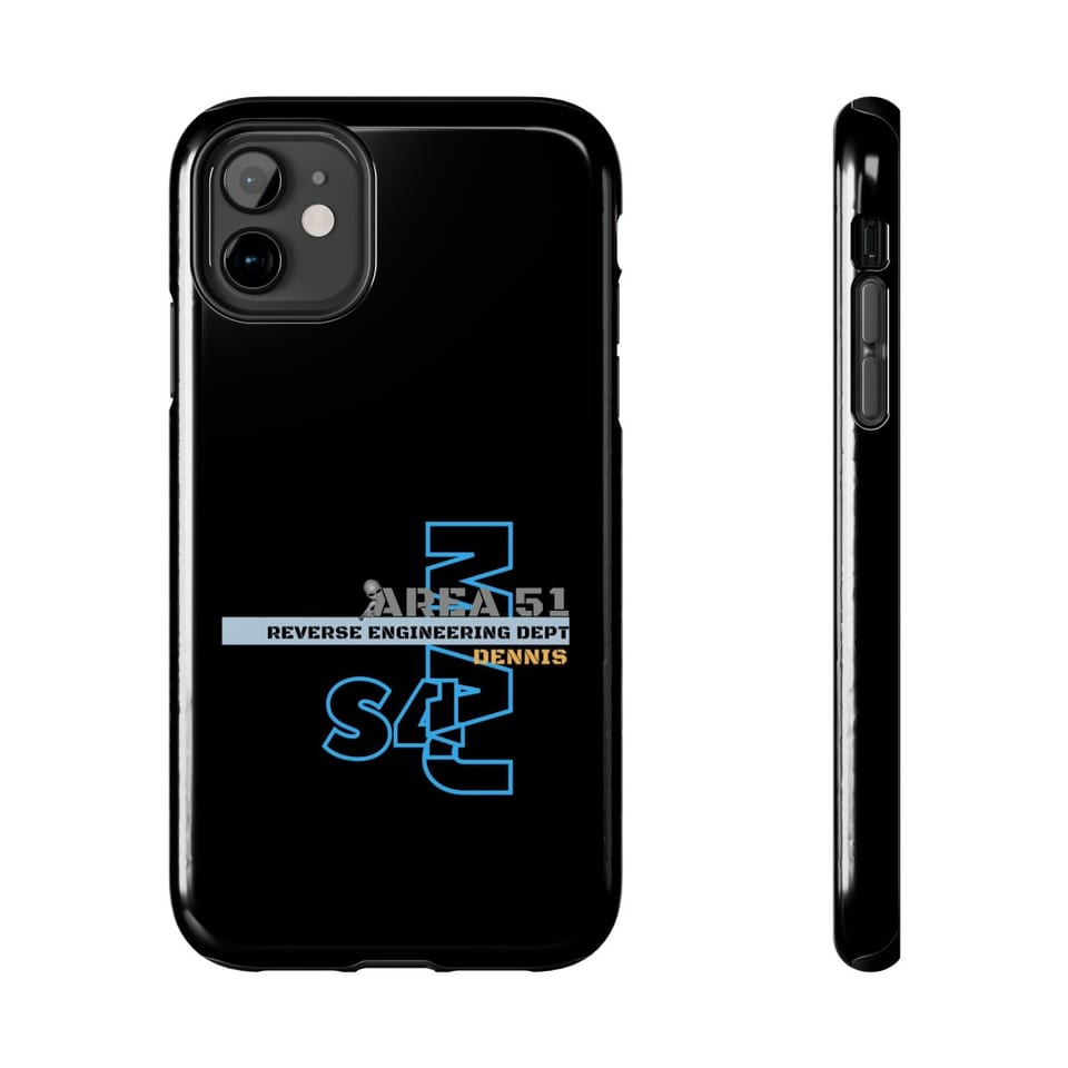 Area 51 Reverse Engineering Dept Phone Case, front and-side view (Printify product mockup)