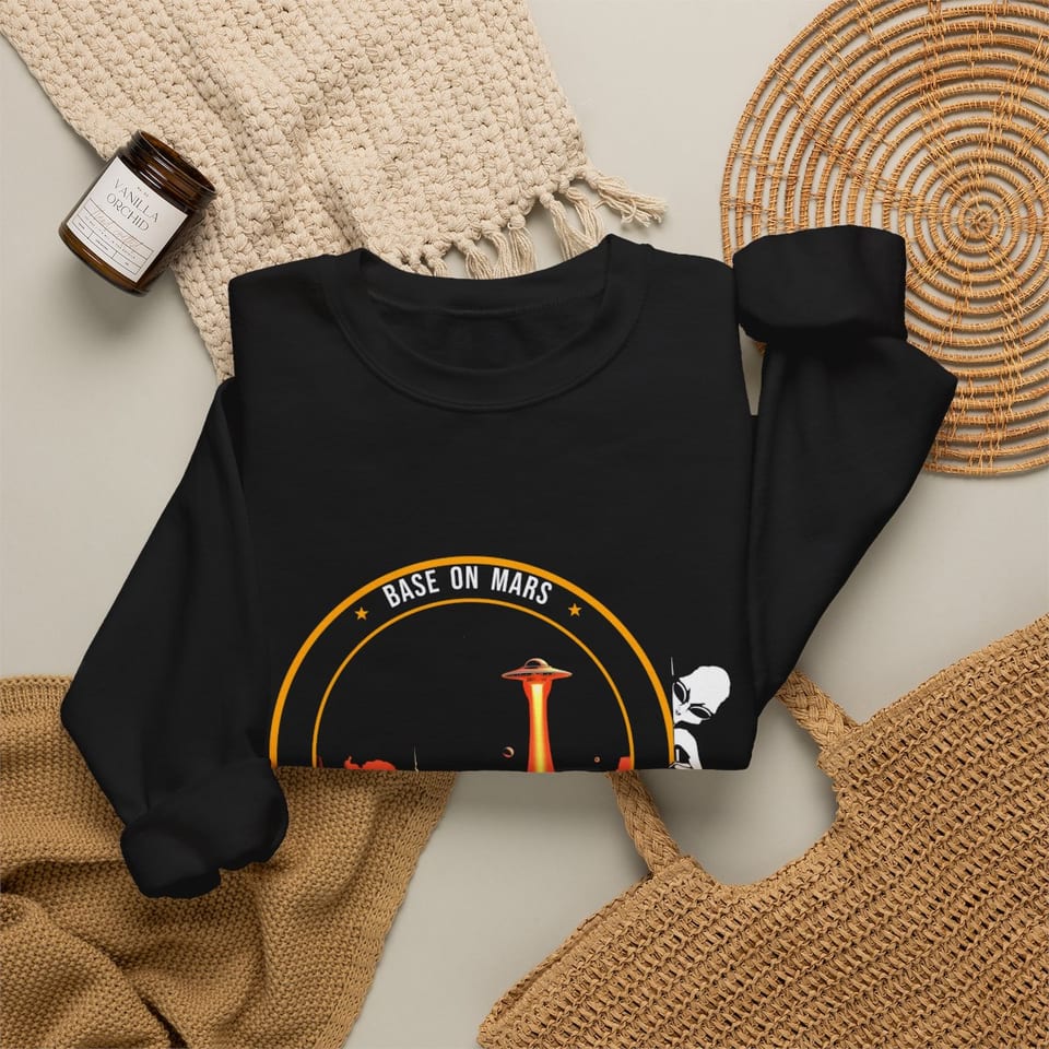 Base on Mars Mission Patch Crewneck Sweatshirt, folded 2 view (Printify product mockup)
