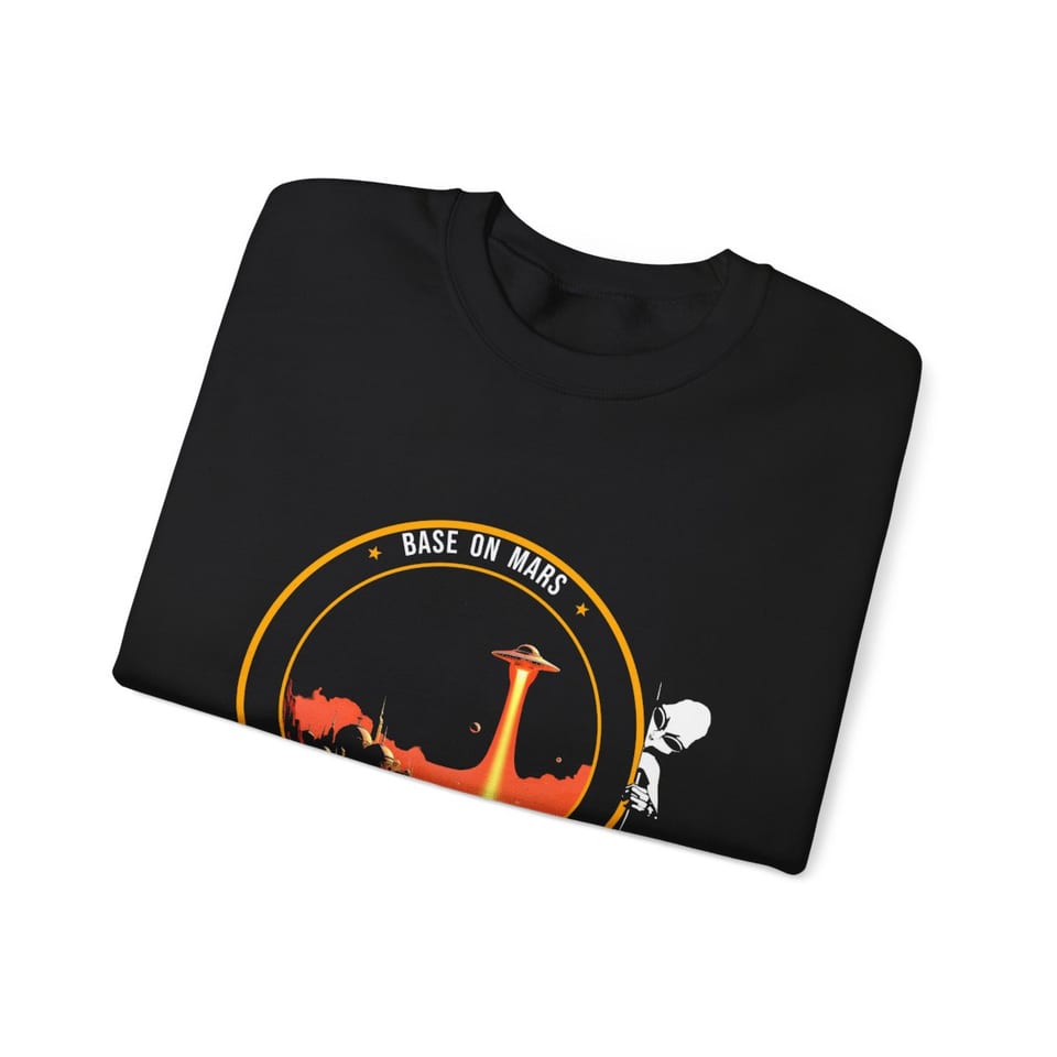 Base on Mars Mission Patch Crewneck Sweatshirt, folded view (Printify product mockup)