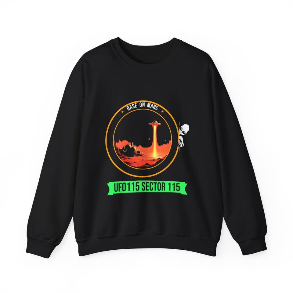 Base on Mars Mission Patch Crewneck Sweatshirt, front view (Printify product mockup)
