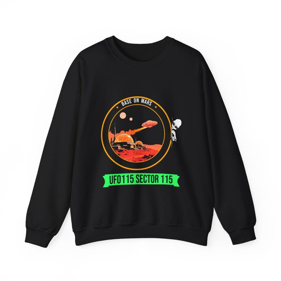 Base on Mars Mission Patch Crewneck Sweatshirt, front view (Printify product mockup)
