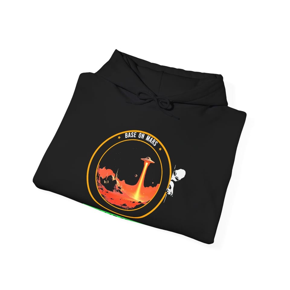 Base on Mars Mission Patch Hoodie, folded view (Printify product mockup)