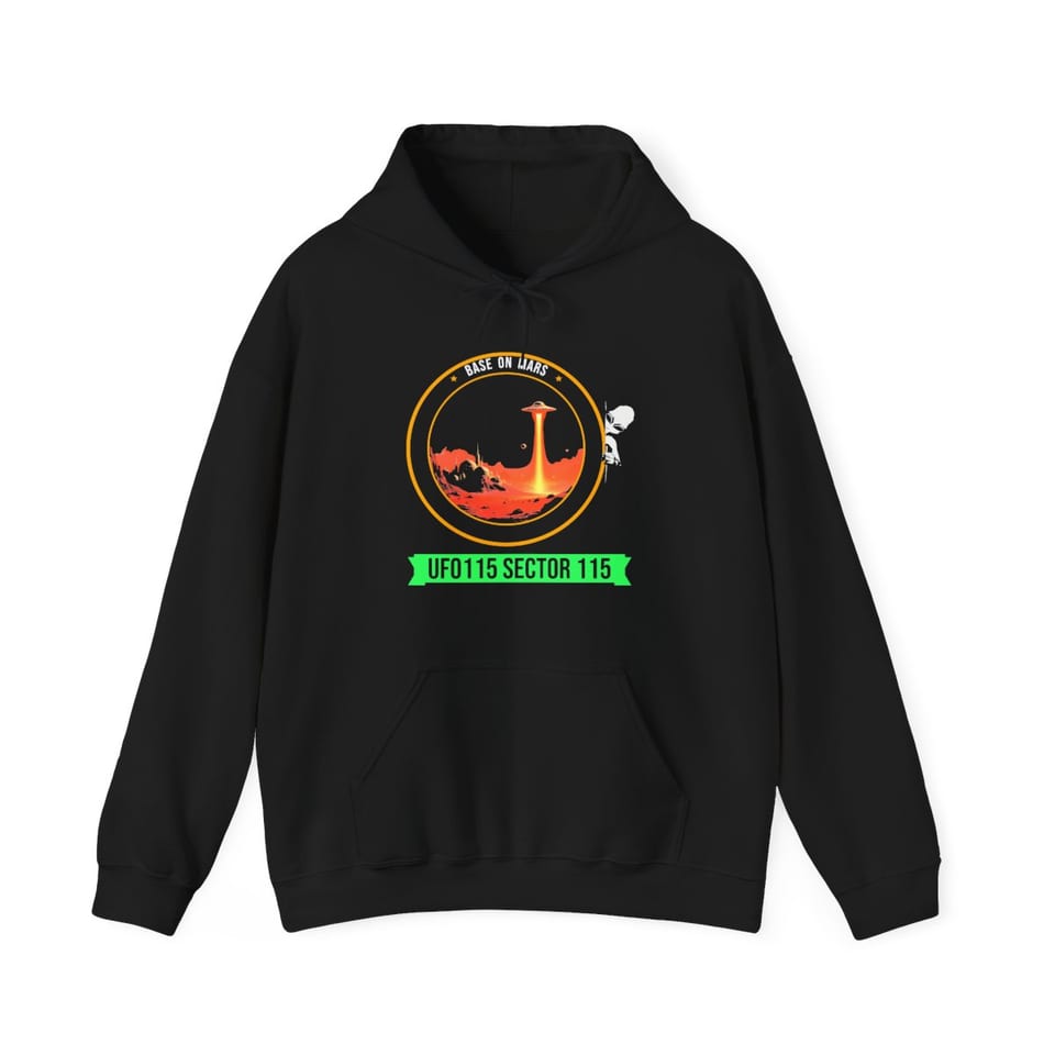 Base on Mars Mission Patch Hoodie, front view (Printify product mockup)