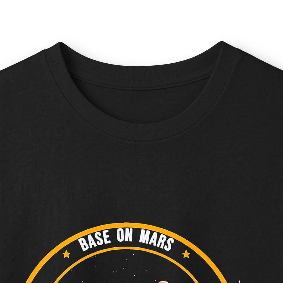 Base on Mars Mission Patch Long Sleeve Tee, collar closeup view (Printify product mockup)
