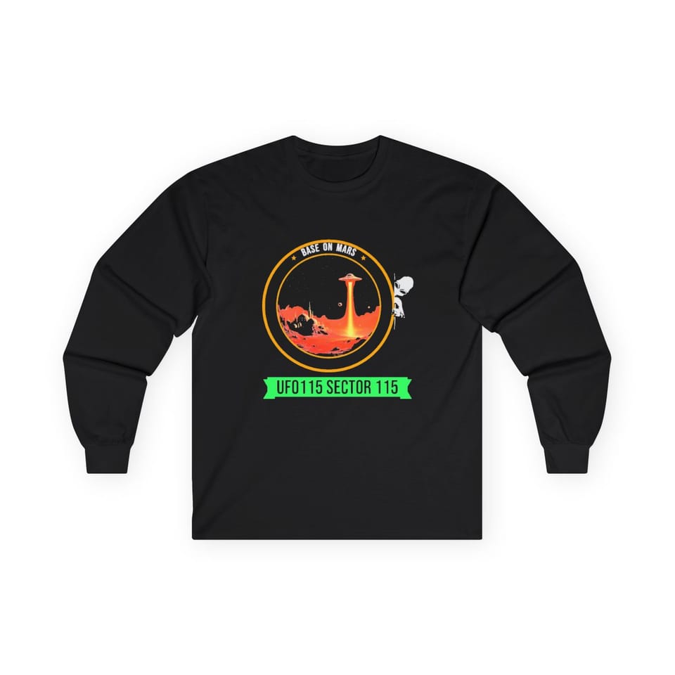 Base on Mars Mission Patch Long Sleeve Tee, front view (Printify product mockup)