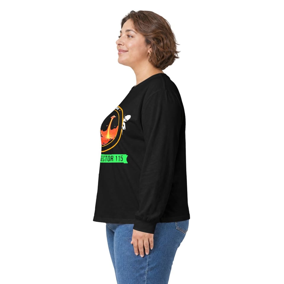 Base on Mars Mission Patch Long Sleeve Tee, person left view (Printify product mockup)