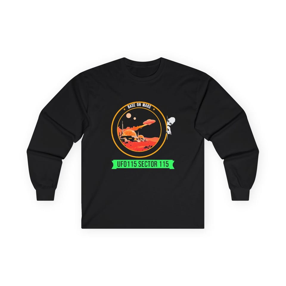 Base on Mars Mission Patch Long Sleeve Tee, front view (Printify product mockup)