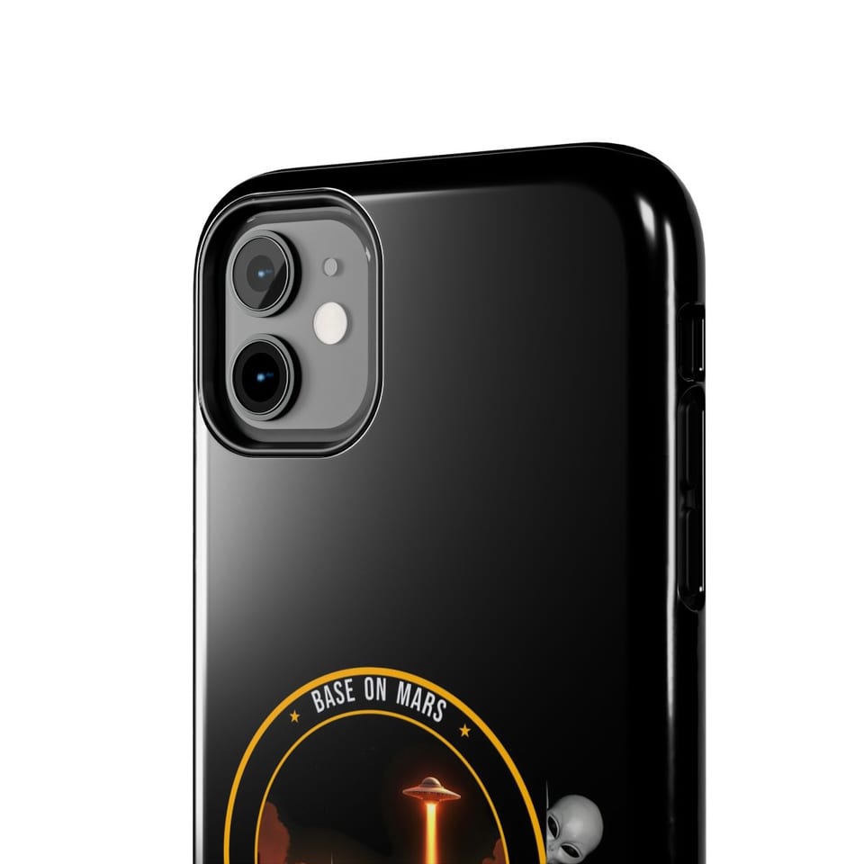 Base on Mars Mission Patch Phone Case, close up view (Printify product mockup)