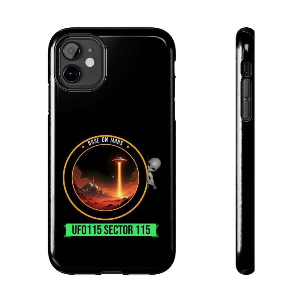 Base on Mars Mission Patch Phone Case, front and-side view (Printify product mockup)