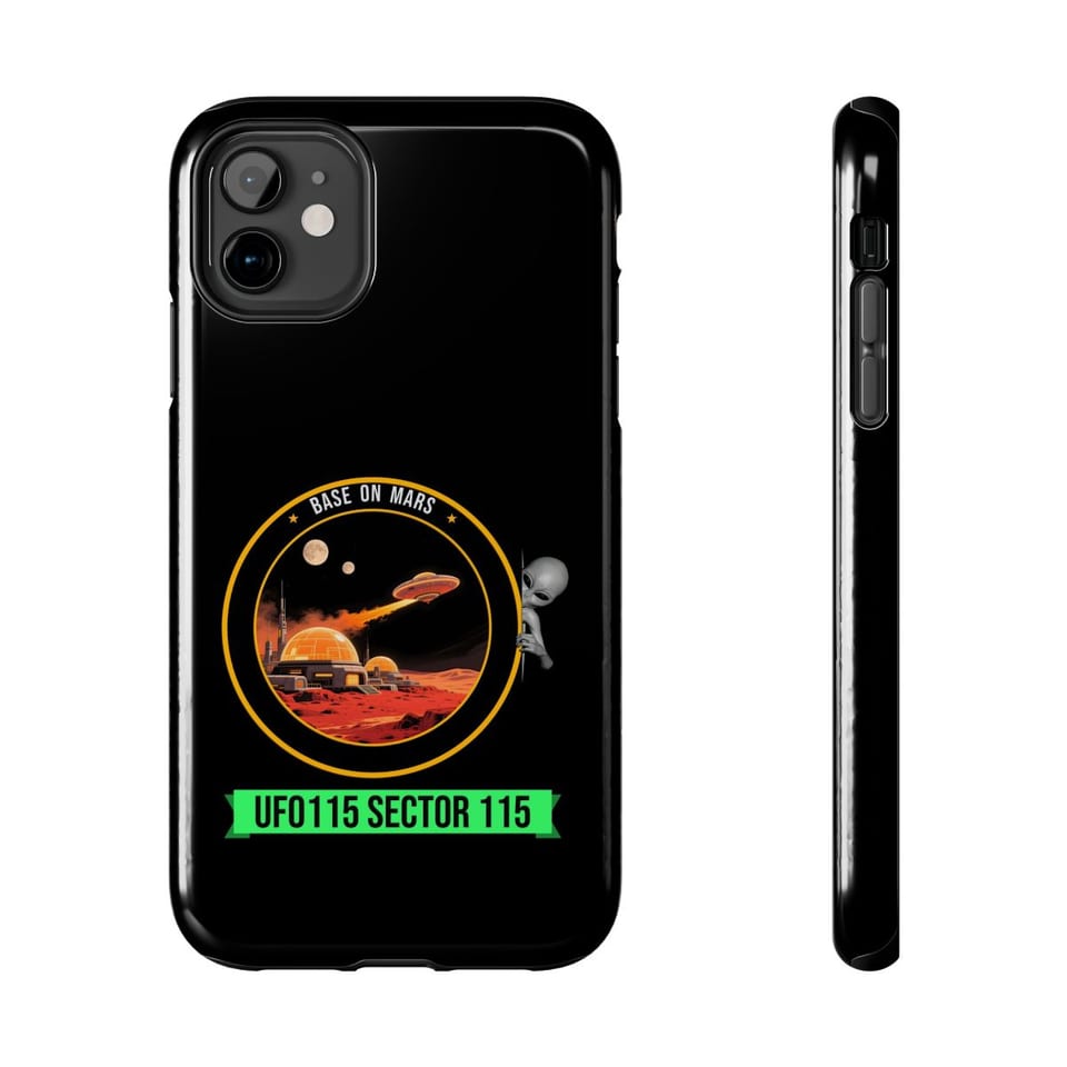 Base on Mars Mission Patch Phone Case, front and-side view (Printify product mockup)