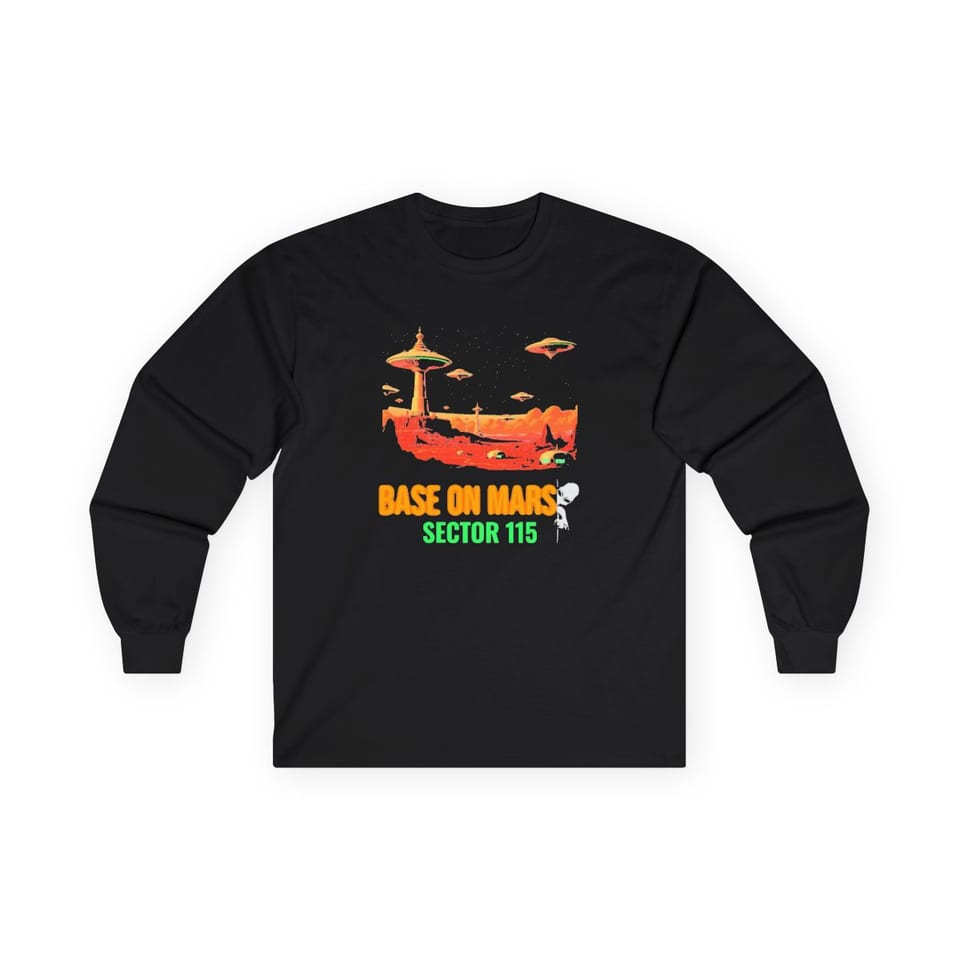 Base on Mars Retro Long Sleeve Tee, front view (Printify product mockup)