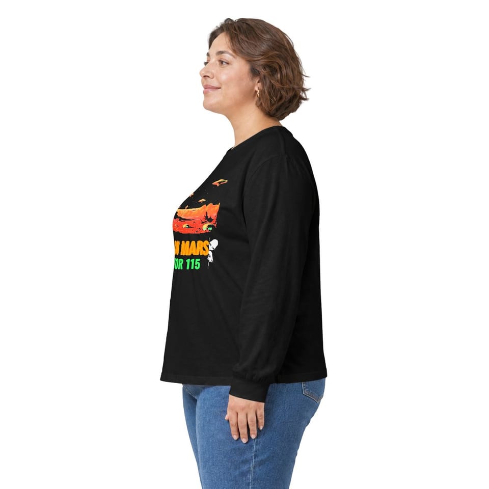 Base on Mars Retro Long Sleeve Tee, person left view (Printify product mockup)