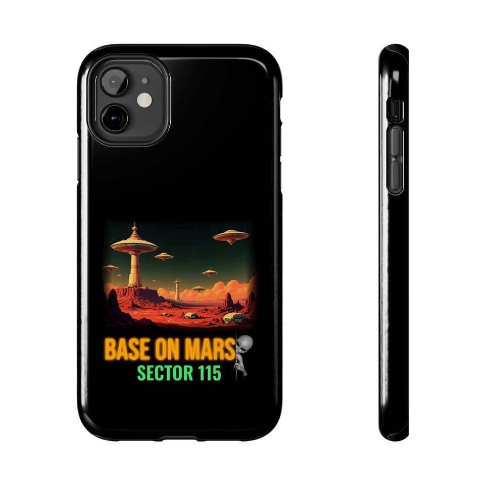 Base on Mars Retro Phone Case, front and-side view (Printify product mockup)