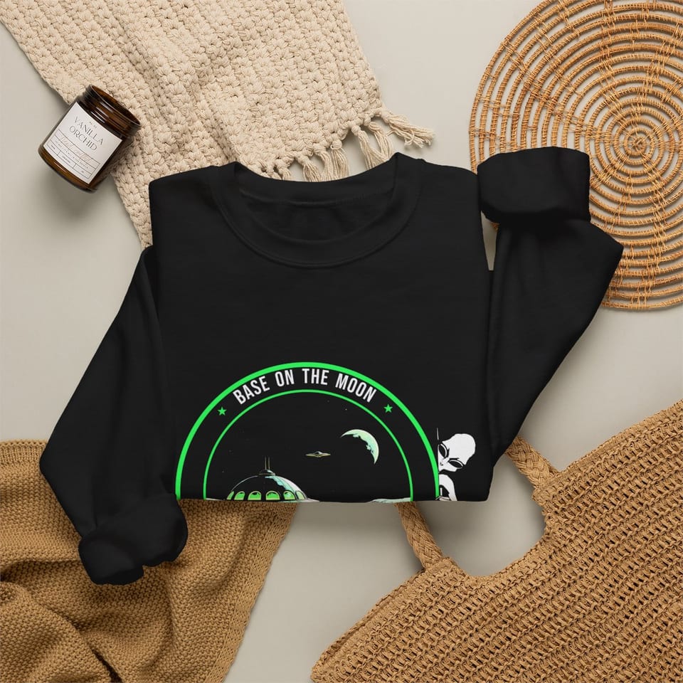 Base on the Moon Mission Patch Crewneck Sweatshirt, folded 2 view (Printify product mockup)