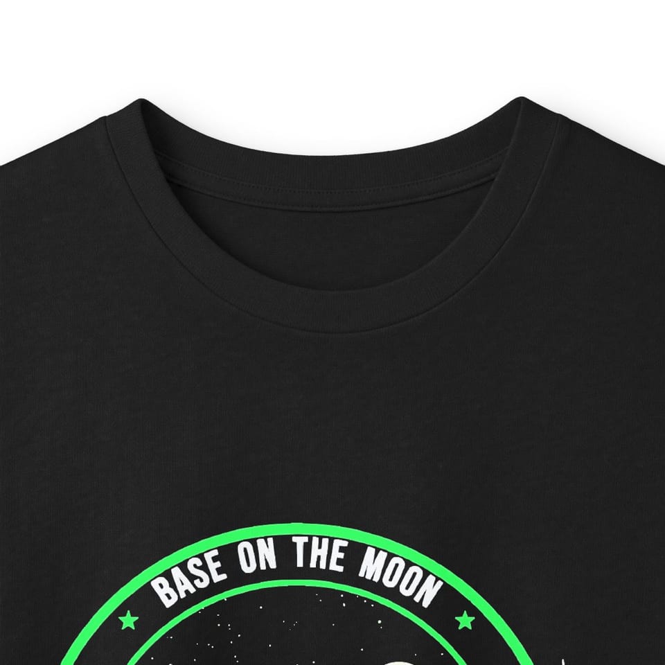 Base on the Moon Mission Patch Long Sleeve Tee, collar closeup view (Printify product mockup)