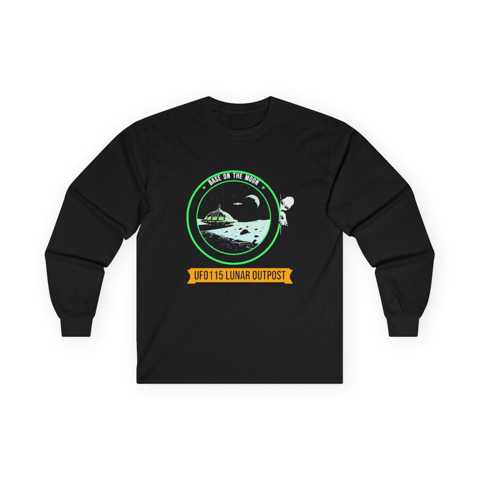 Base on the Moon Mission Patch Long Sleeve Tee, front view (Printify product mockup)