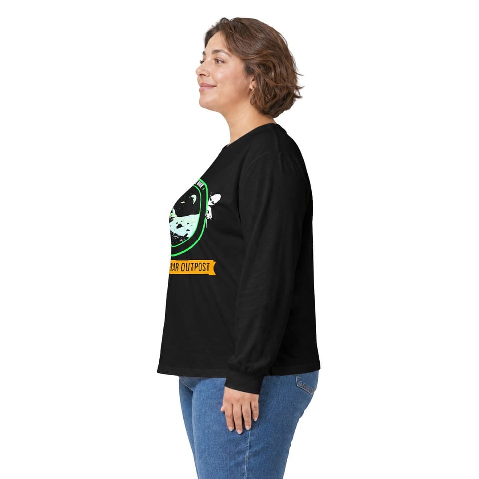 Base on the Moon Mission Patch Long Sleeve Tee, person left view (Printify product mockup)