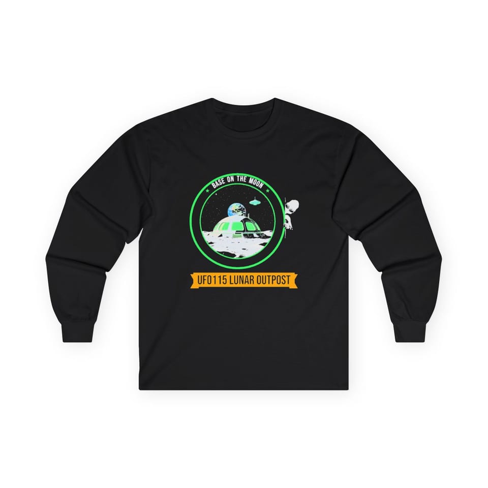 Base on the Moon Mission Patch Long Sleeve Tee, front view (Printify product mockup)