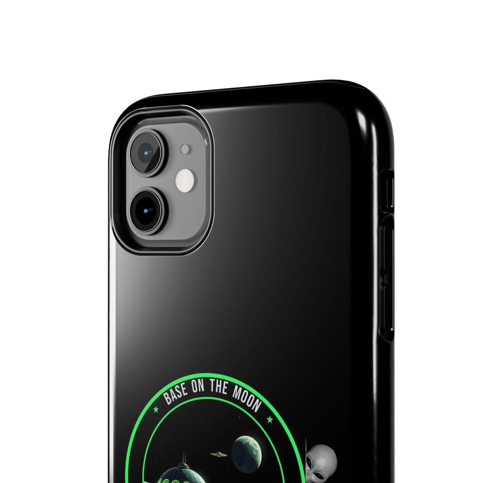 Base on the Moon Mission Patch Phone Case, close up view (Printify product mockup)