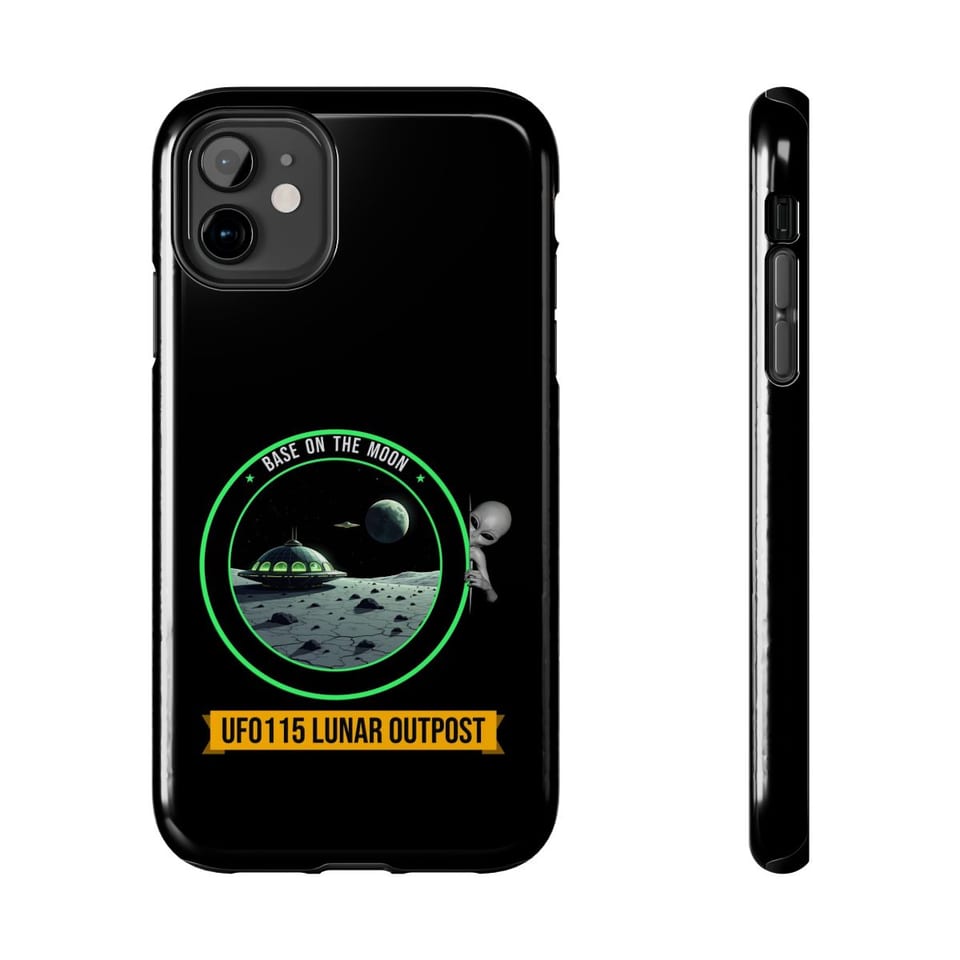 Base on the Moon Mission Patch Phone Case, front and-side view (Printify product mockup)