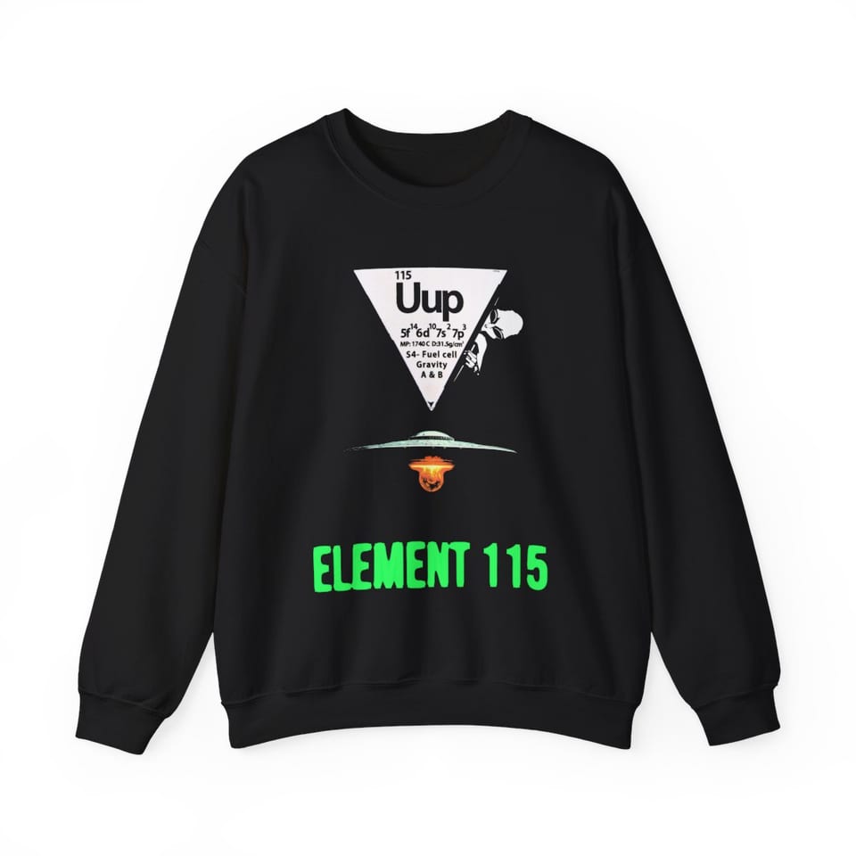Element 115 Fuel Cell Crewneck Sweatshirt, front view (Printify product mockup)