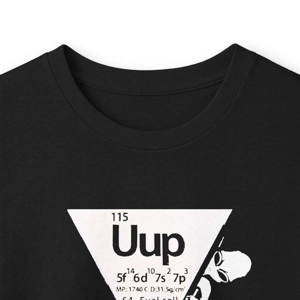 Element 115 Fuel Cell Long Sleeve Tee, collar closeup view (Printify product mockup)