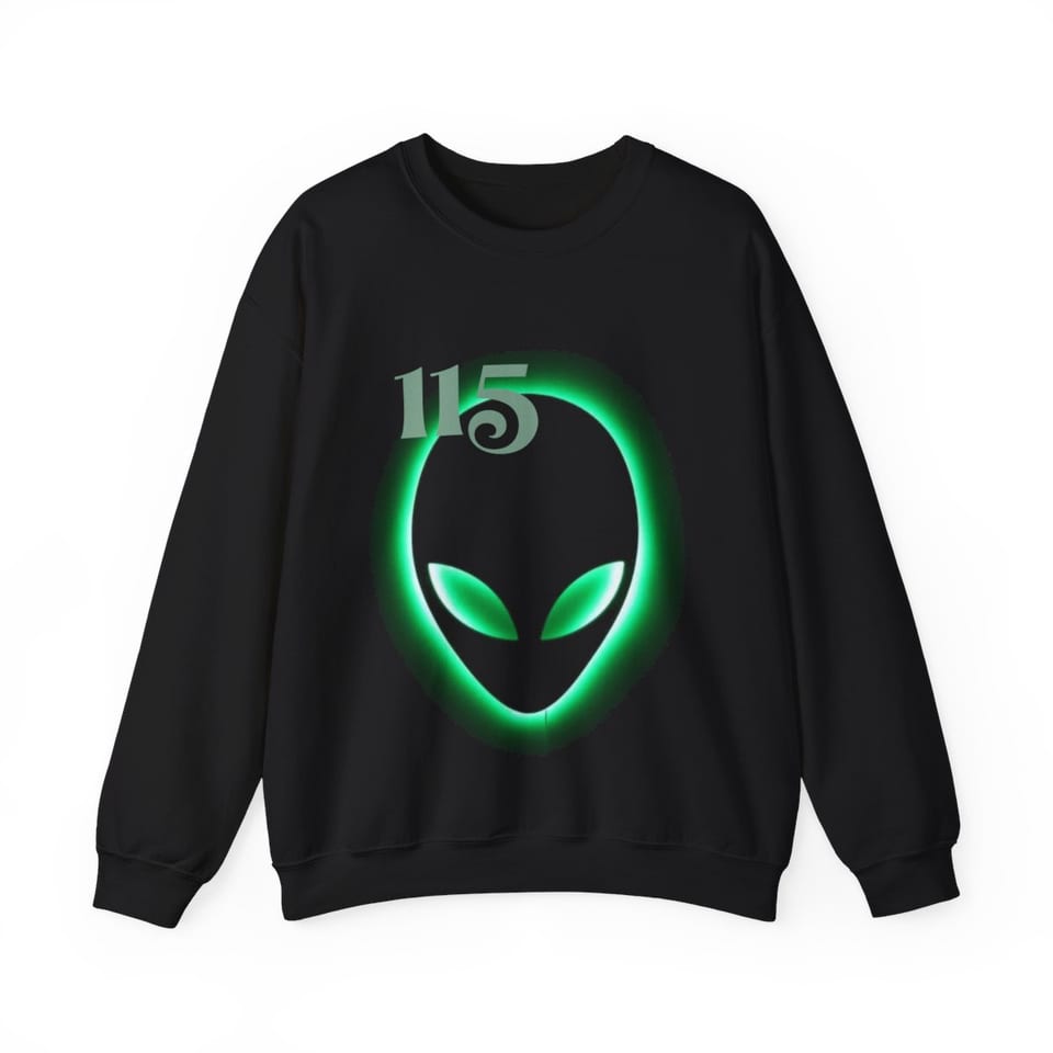 Element 115 Glowing Alien Grey Crewneck Sweatshirt, front view (Printify product mockup)