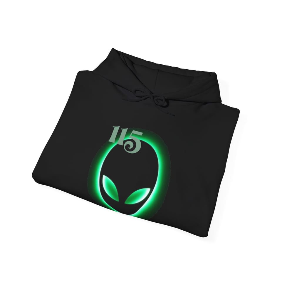 Element 115 Glowing Alien Grey Hoodie, folded view (Printify product mockup)