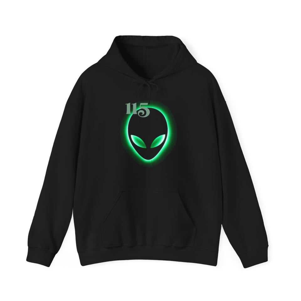 Element 115 Glowing Alien Grey Hoodie, front view (Printify product mockup)