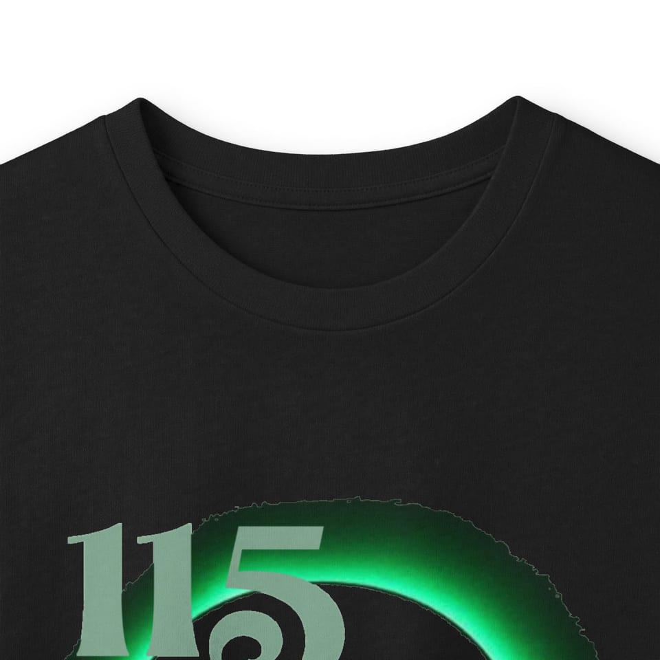 Element 115 Glowing Alien Grey Long Sleeve Tee, collar closeup view (Printify product mockup)