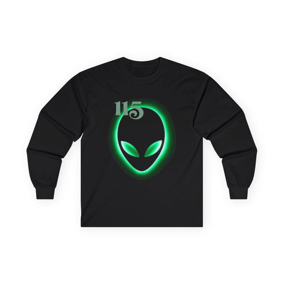 Element 115 Glowing Alien Grey Long Sleeve Tee, front view (Printify product mockup)