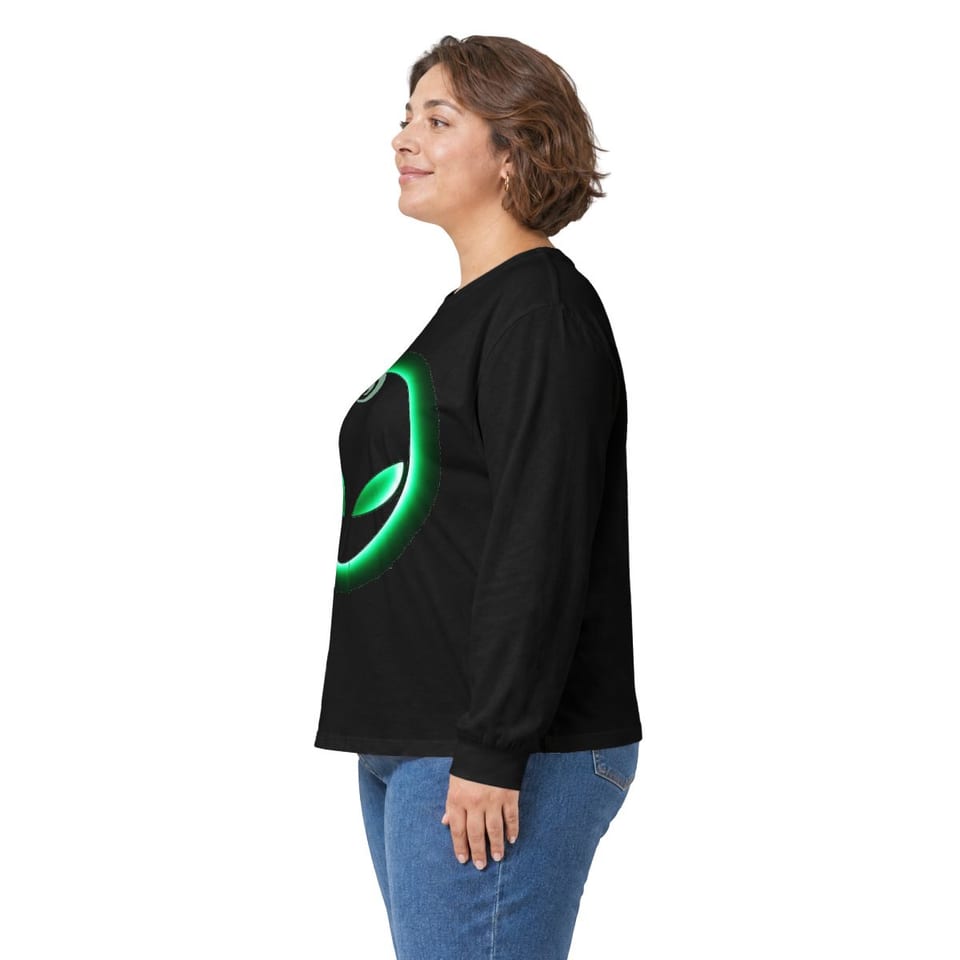 Element 115 Glowing Alien Grey Long Sleeve Tee, person left view (Printify product mockup)