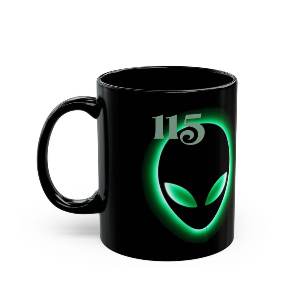 Element 115 Glowing Alien Grey Mug, left view (Printify product mockup)