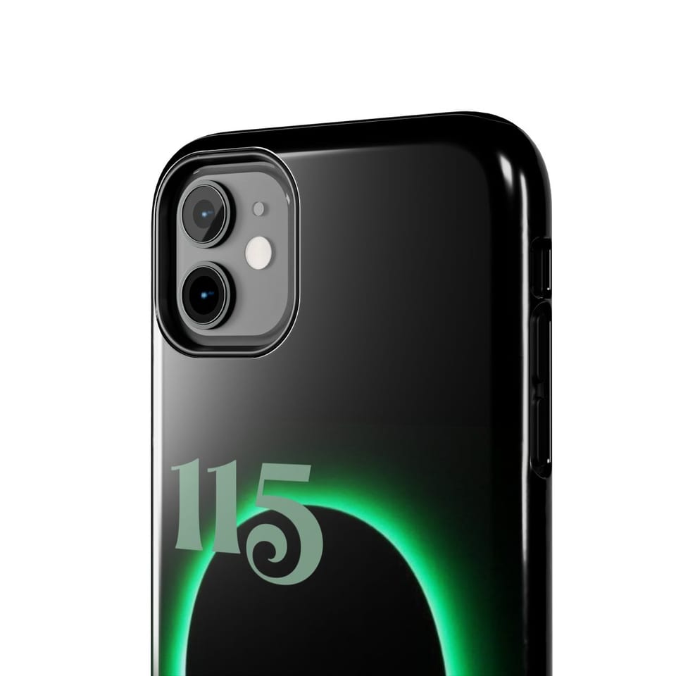 Element 115 Glowing Alien Grey Phone Case, close up view (Printify product mockup)