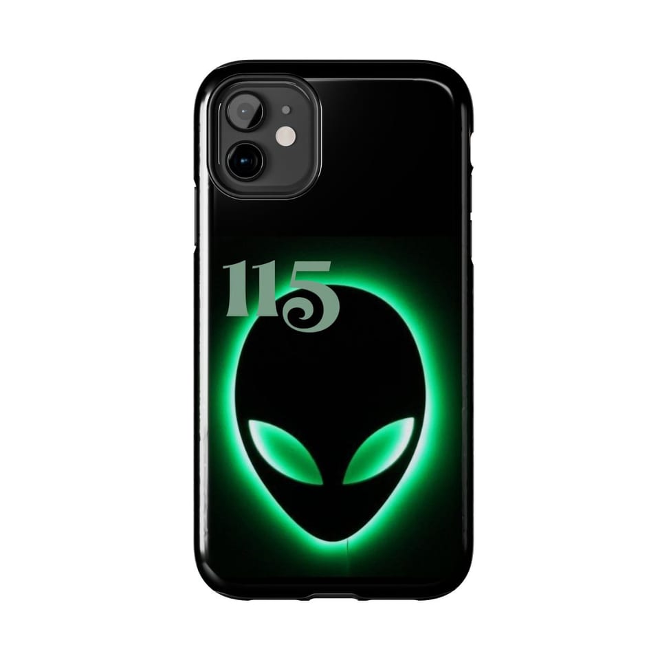 Element 115 Glowing Alien Grey Phone Case, front view (Printify product mockup)