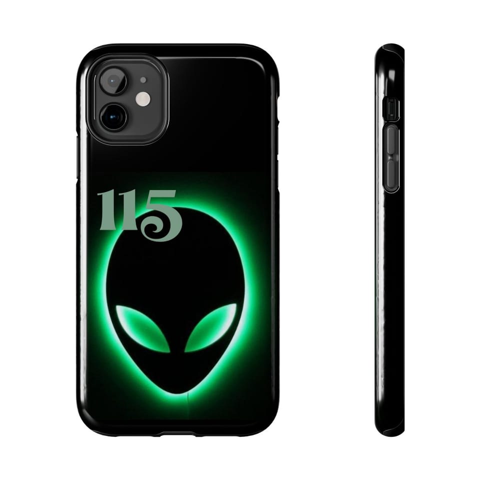 Element 115 Glowing Alien Grey Phone Case, front and-side view (Printify product mockup)