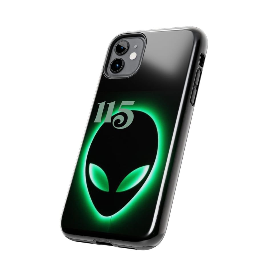 Element 115 Glowing Alien Grey Phone Case, side view (Printify product mockup)