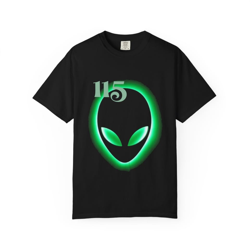 Element 115 Glowing Alien Grey Tee, front view (Printify product mockup)
