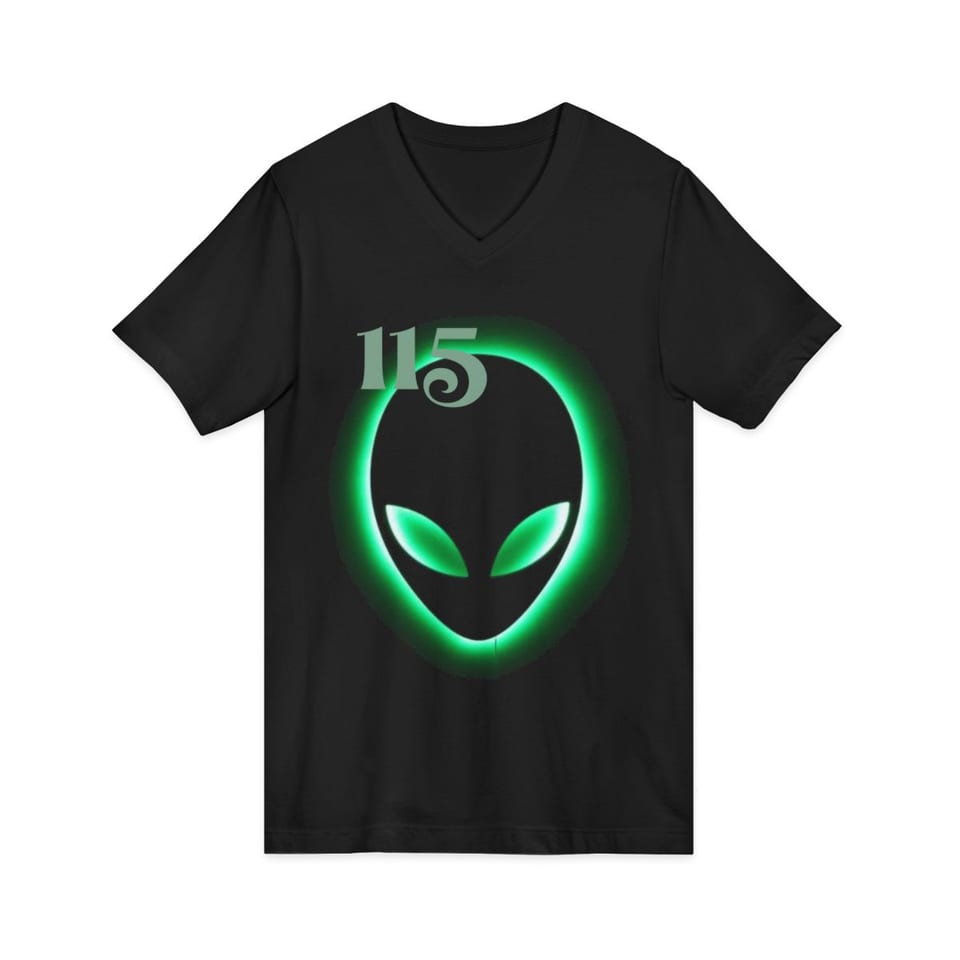 Element 115 Glowing Alien Grey V-Neck Tee, front 2 view (Printify product mockup)