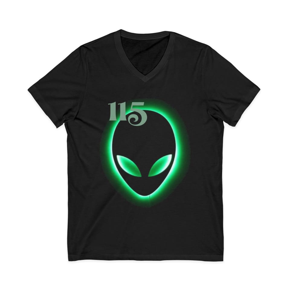 Element 115 Glowing Alien Grey V-Neck Tee, front view (Printify product mockup)