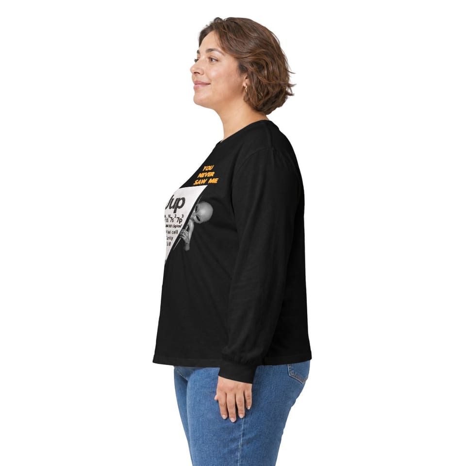 Uup 115 "You Never Saw Me" Long Sleeve Tee, person left view (Printify product mockup)