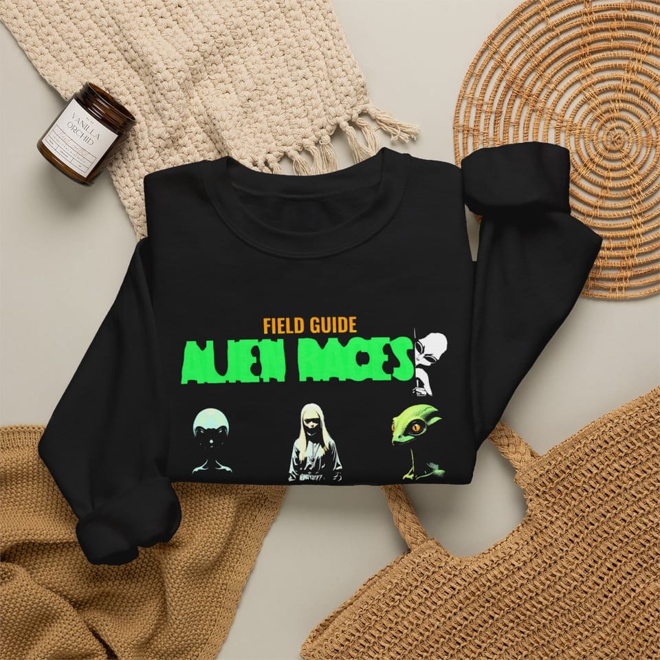 Field Guide to Alien Races Crewneck Sweatshirt, folded 2 view (Printify product mockup)