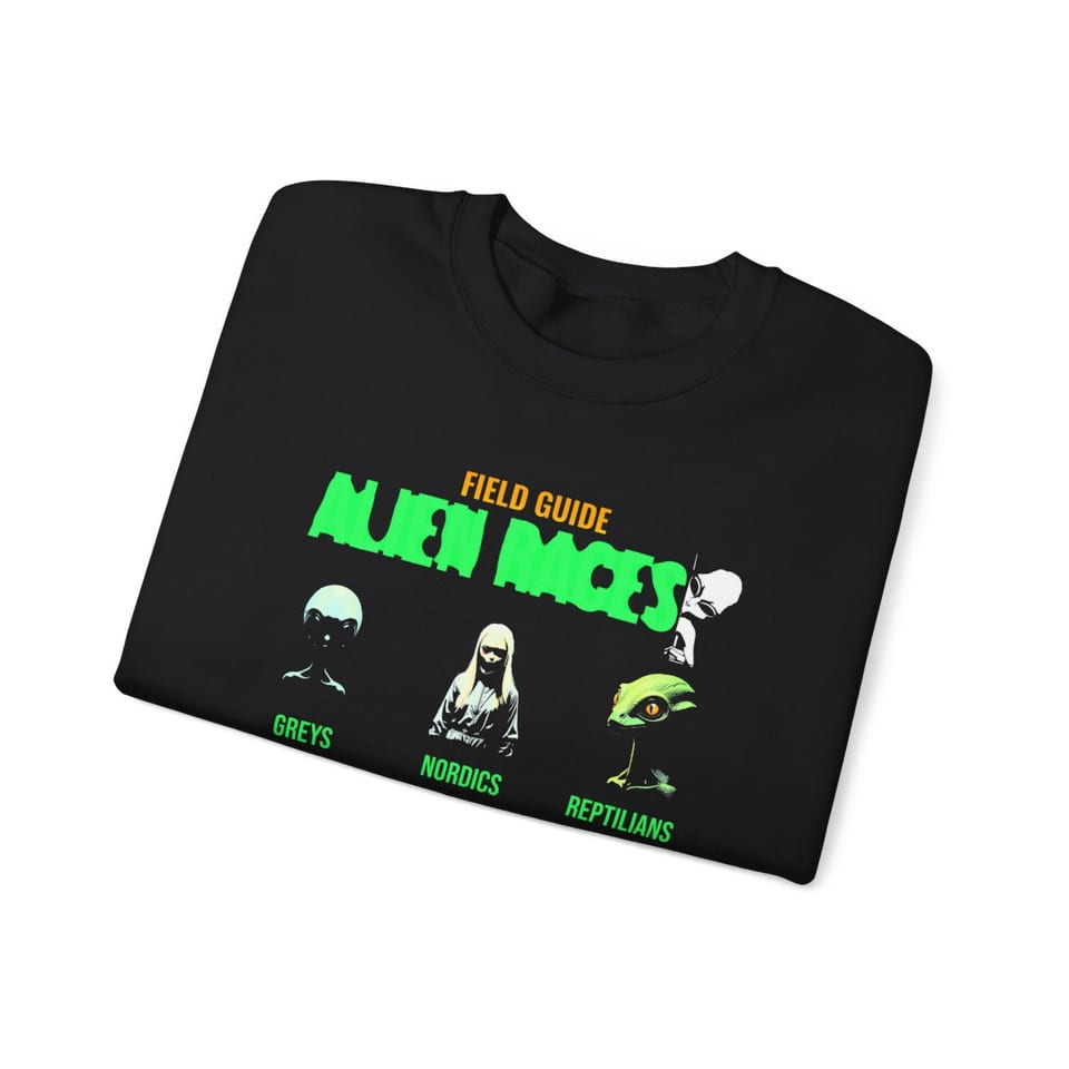 Field Guide to Alien Races Crewneck Sweatshirt, folded view (Printify product mockup)