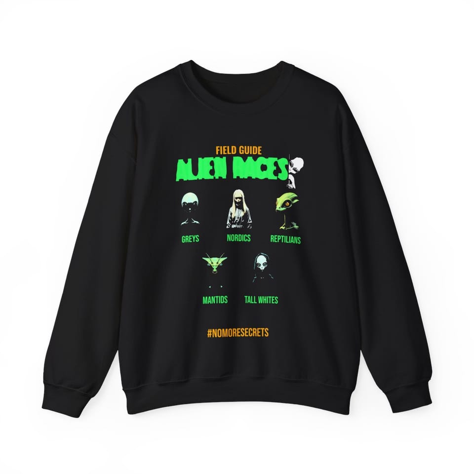 Field Guide to Alien Races Crewneck Sweatshirt, front view (Printify product mockup)