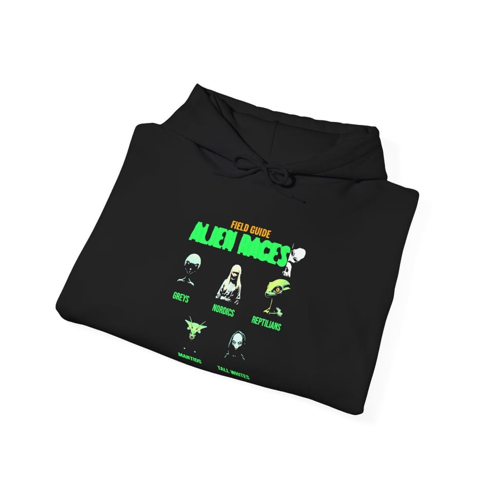 Field Guide to Alien Races Hoodie, folded view (Printify product mockup)