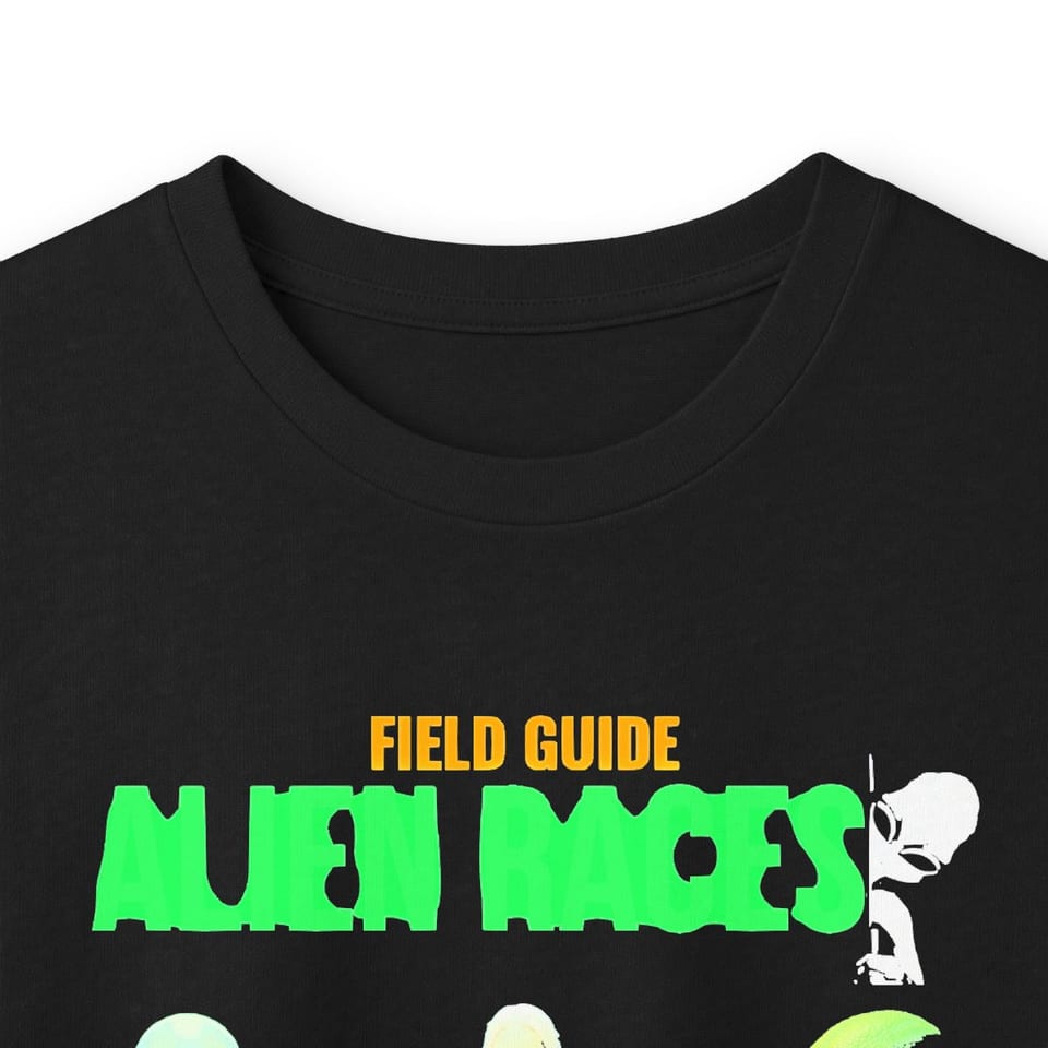Field Guide to Alien Races Long Sleeve Tee, collar closeup view (Printify product mockup)