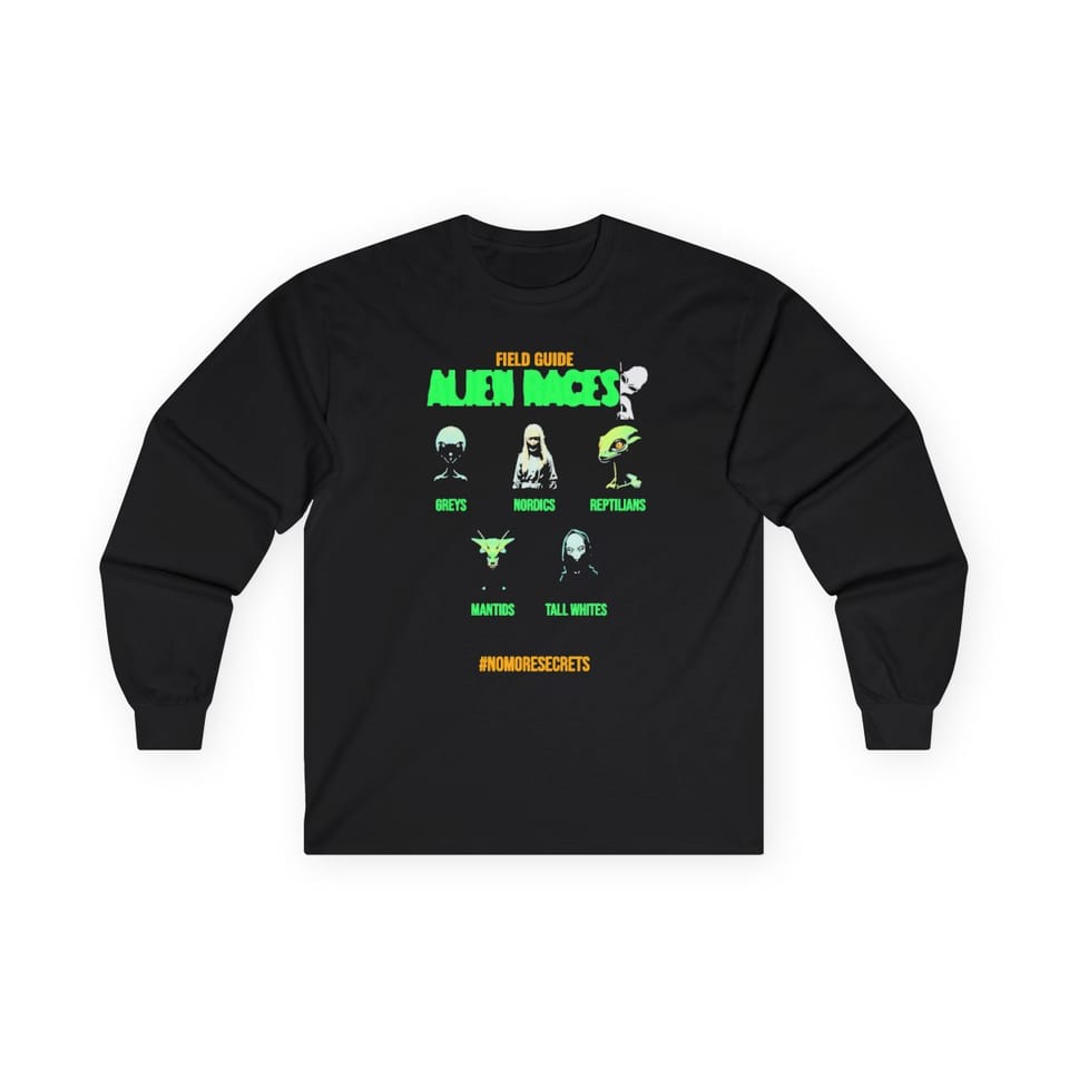 Field Guide to Alien Races Long Sleeve Tee, front view (Printify product mockup)