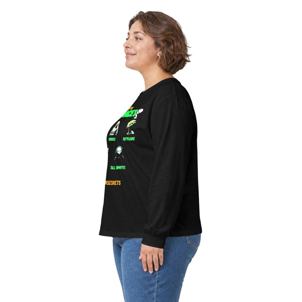 Field Guide to Alien Races Long Sleeve Tee, person left view (Printify product mockup)