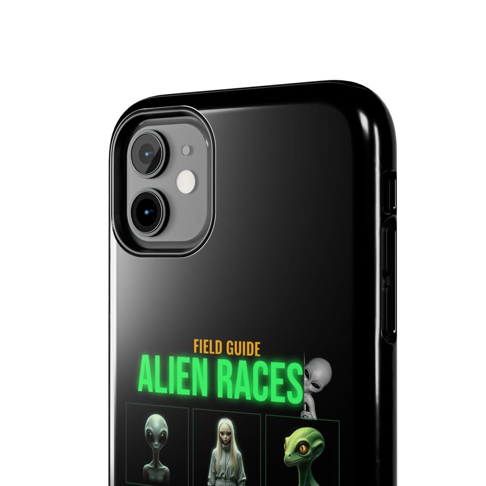 Field Guide to Alien Races Phone Case, close up view (Printify product mockup)