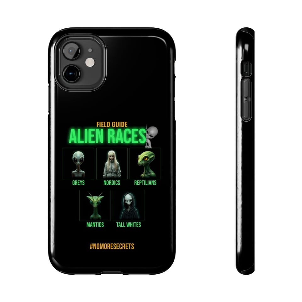 Field Guide to Alien Races Phone Case, front and-side view (Printify product mockup)